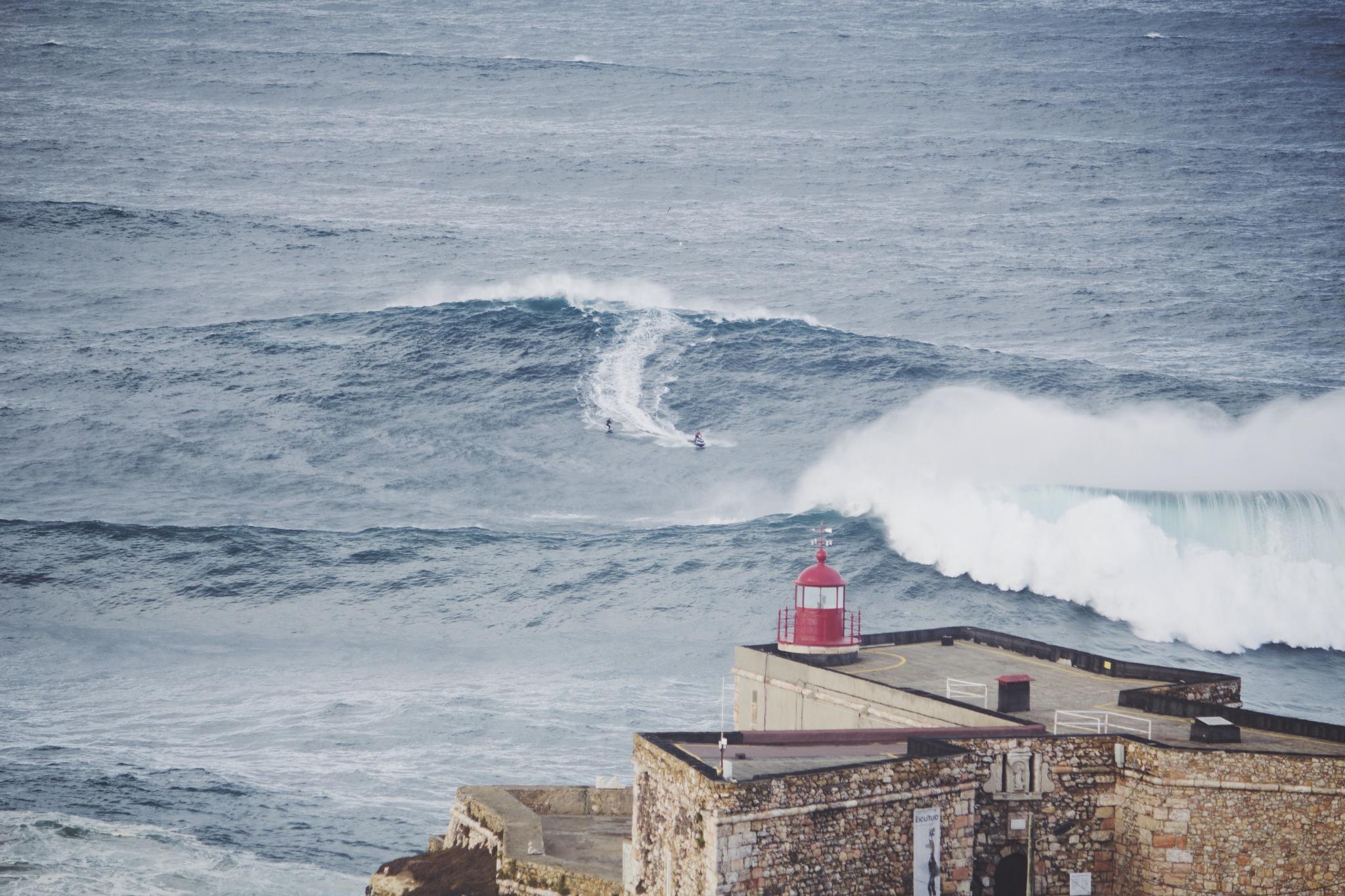 Towing into huge waves at Nazaré